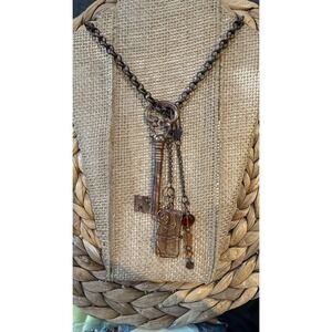 Artisan Made Bronze Skeleton Key Amber Stone Wire Wrapped Pendant Necklace 30in